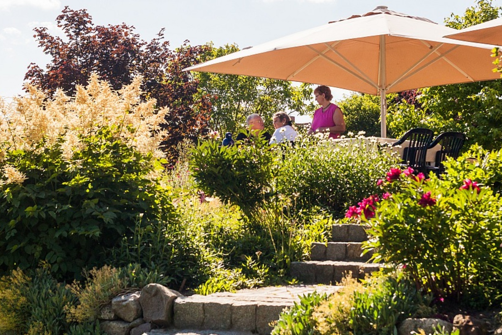 Gäste beim Frühstück auf der sonnigen Terrasse am Haus Gutshaus Barkow